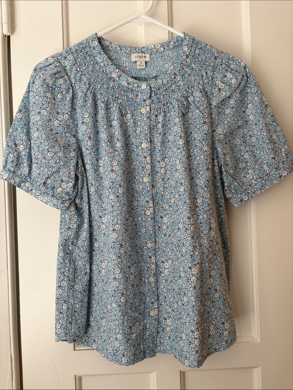 J. Crew Blue Floral Button-Front Puff Sleeve Blouse